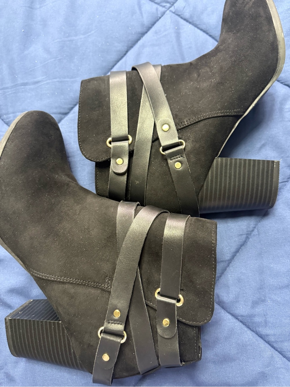 Black Suede Strappy Block Heel Ankle Boots